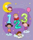 Vector illustration of 123 numbers with hand-drawn kids in the sky at night