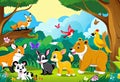 vector illustration, numerous cute animals in the forest landscape, animal school in nature