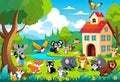 vector illustration, numerous cute animals in the forest landscape, animal school in nature