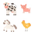 Vector Illustration. Nursery Print Cute Funny Farm Animals Isolated On White Background.  Cow, Pig, Horse, Chicken