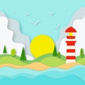 Vector illustration of the ocean, beach, Lighthouse, hills with trees, clouds and the sun. Beautiful beach background. Paper art