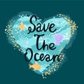 Vector illustration of an ocean heart with waves and sand, fish, shells and stars. Hand drawn in flat style on a dark with the Royalty Free Stock Photo