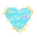 Vector illustration of an ocean of love,a heart shaped sea with sand and foamy waves.Fish,shells and starfish.Space for text, copy Royalty Free Stock Photo