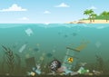 Vector illustration of ocean water full of dangerous waste at the bottom. Eco, water pollution concept. Garbage in the