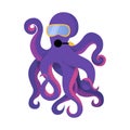 Vector illustration with an octopus diver. A cheerful and happy Character an octopus with a mask and a balloon plunges to the