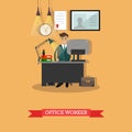 Vector illustration of office worker at his workplace, flat design Royalty Free Stock Photo