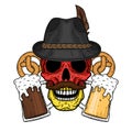 Vector illustration of oktober fest. Skull in Tyrolean hat, with pretzels and glasses of beer.