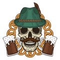 Vector illustration of oktober fest. Skull in Tyrolean hat, with pretzels and glasses of beer.