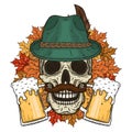 Vector illustration of oktober fest. Skull in Tyrolean hat.