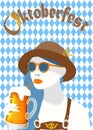 Oktoberfest blue diamond symbols poster banner with a hip woman holding a  light beer mug Royalty Free Stock Photo