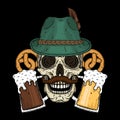 Vector illustration of oktoberfest. Skull in Tyrolean hat, with pretzels and glasses of beer.