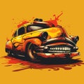 Vector illustration of an old american car on a orange background.