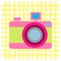Old-fashioned color camera. Flat style. Abstract colored stripes background Royalty Free Stock Photo