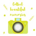 The old-fashioned color camera. Flat style. Inscription collect beautiful moments on a white background Royalty Free Stock Photo