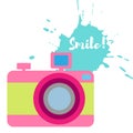 The old-fashioned color camera. Flat style. Splash and inscription Smile