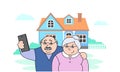 Vector illustration old happy old man and old lady making selfies on the phone,family photo portrait of grandparents Royalty Free Stock Photo