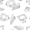 Vector illustration of old and new monitors. Keyboard with an LCD monitor. Hand drawn CRT monitor. Seamless pattern Royalty Free Stock Photo