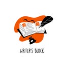 Vector illustration of an old open book, feather and inkwell. Writer`s block concept.