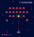 Vector illustration of old pixel art style Ufo space war game. Pixel monsters and spaceship. Retro game, 8 bit game Royalty Free Stock Photo