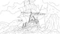 Vector illustration, old ship sailing in a storm, wrecked