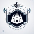 Vector illustration of old style heraldic emblem made with medieval tower and armory