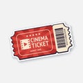 Vector illustration. One cinema ticket with barcode. Paper retro coupon for movie entry. Symbol of the film industry