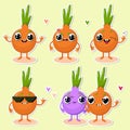 Vector illustration of onion character stickers with various cute expression, cool, funny, set of onion isolated