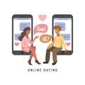 Vector illustration for online dating app users. Flat infographics of man and woman acquaintance in social network.