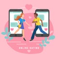 Vector illustration for online dating app users. Flat infographics of man and woman acquaintance in social network.