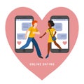 Vector illustration for online dating app users. Flat infographics of man and woman acquaintance in social network.