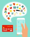 Vector illustration of online shopping concept. Buying online using mobile phone in hand and credit card with a lot Royalty Free Stock Photo