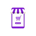 Vector illustration Online shopping, Shop now, violet smartphone shop and shopping cart isolated on white background.