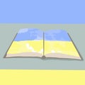 Vector illustration of an open book with blue and yellow pages.