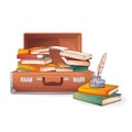 Vector illustration of open suitcase full of books, stack of books, ink isolated on white. Royalty Free Stock Photo