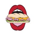 Vector illustration of open woman mouth with sandwich