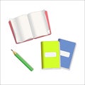 Vector illustration of opened book, yellow and blue notebooks and green pencil