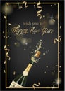 Vector illustration of opened bottle of champagne or sparkling wine with a cork and splash in photorealistic style. Greeting card Royalty Free Stock Photo