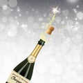 Vector illustration of opened bottle of champagne or sparkling wine with a cork and splash in photorealistic style. A Royalty Free Stock Photo