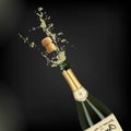 Vector illustration of opened bottle of champagne or sparkling wine with a cork and splash in photorealistic style. A Royalty Free Stock Photo