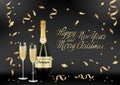 Vector illustration of opened bottle of champagne or sparkling wine with a cork and splash in photorealistic style. A