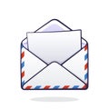 Vector illustration. Opened mail envelope with red and blue stripes. Incoming message has been read. Symbol of communication