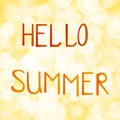 Vector illustration of orange lettering hello summer on a light green background bokeh