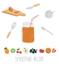 Vector illustration of orange smoothie in a glass jar with bending straw