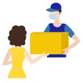 Vector illustration of the order transfer. Home delivery. A courier in a cap and t-shirt passes a woman a box of things. Design Royalty Free Stock Photo