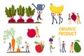 Vector illustration with organic products and tiny people on white.