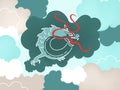 Vector Illustration in oriental style, cartoon, poster, banner. Chinese dragon in the sky with blue clouds on green background.