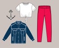 Vector illustration of outfit set with crop top, troussers and jeans jacket. sea style. Nautical. fashion sketch Royalty Free Stock Photo