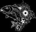 vector illustration of outline Carp fish in white line on black background Royalty Free Stock Photo