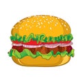 Vector illustration of outline classic hamburger with grilled beef, tomatoes, lettuce, onion and sesame seed isolated on white.