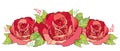 Vector illustration with outline red rose flower and green foliage isolated on white background. Floral elements with open roses.